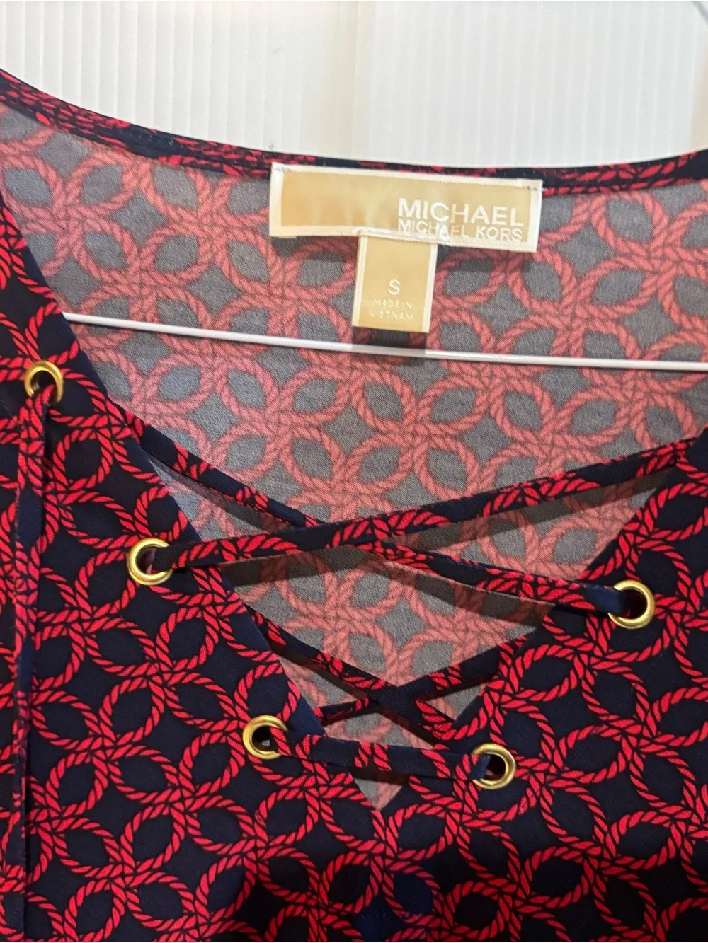 2 Michael Kors Red and Black/ Navy and White Lace-Up Geometric Pattern Tunic